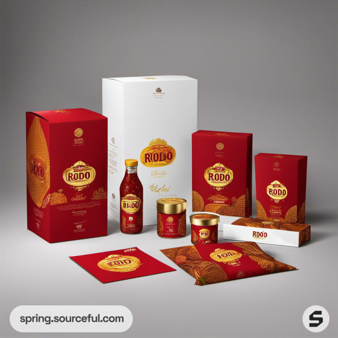 Red and gold packaged food items, including boxes and bottles on a gray background.