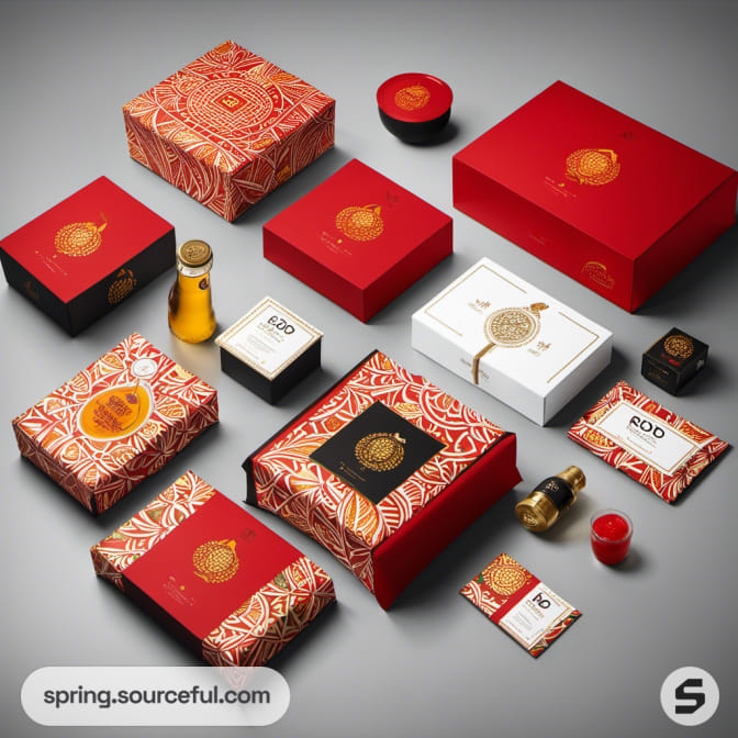 Red and gold intricate design packages, including boxes and bottles.