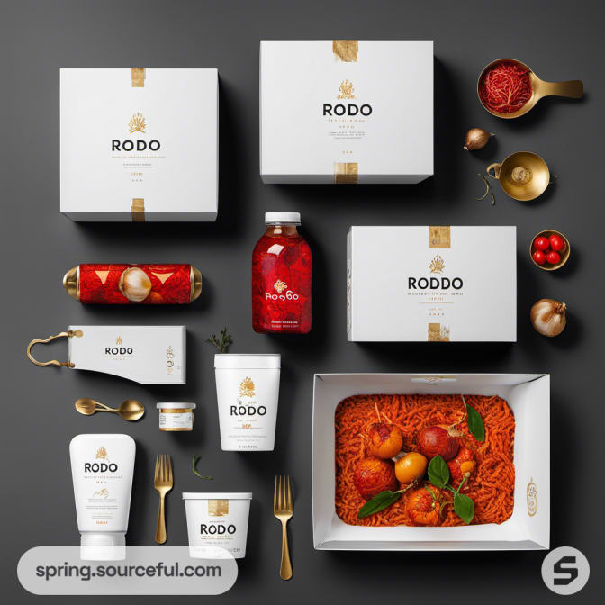 White food packaging with gold accents, including boxes and a jar.