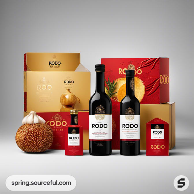 Assorted food packaging in red and gold, featuring bottles and boxes.