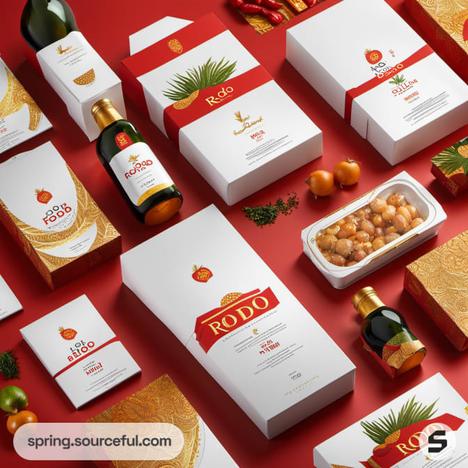 Red and white food packaging with lively designs, featuring bottles and boxes.
