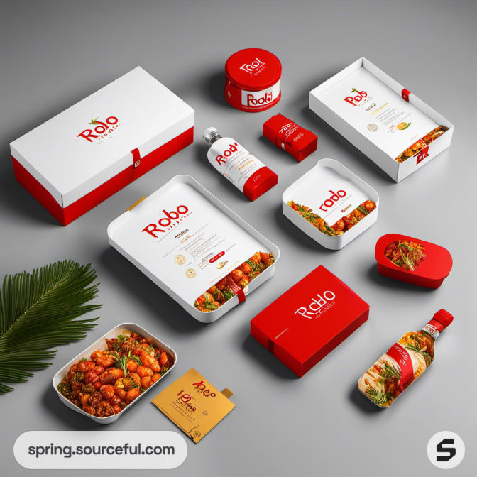 Red and white food packaging with trays and bottles, styled with greenery.