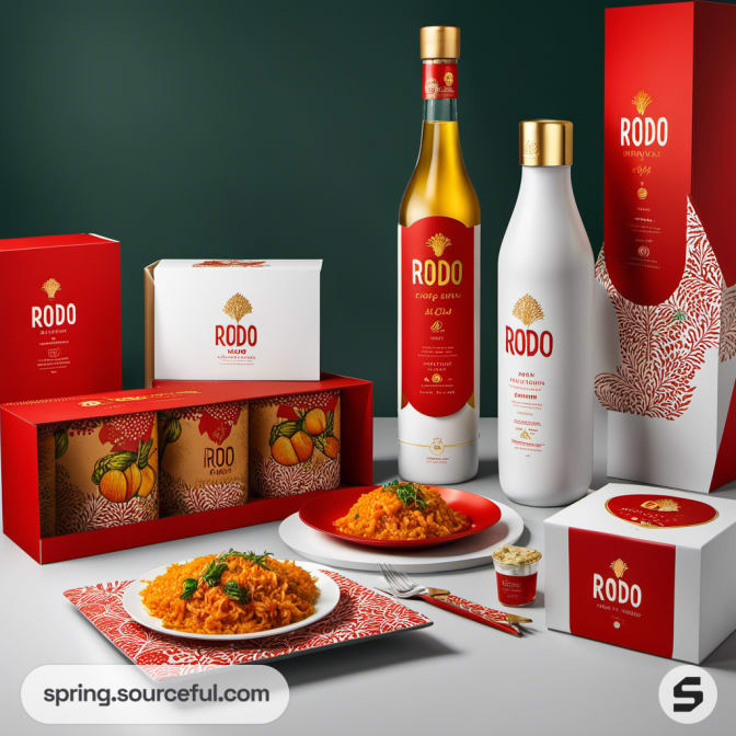 Red and green themed food products, including tall bottles and decorative boxes.