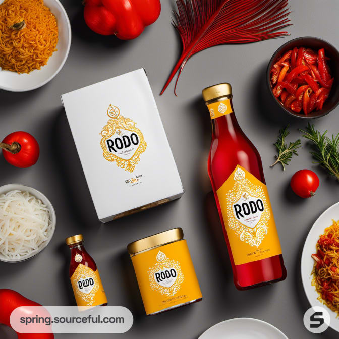 Food packaging with yellow and red designs, including a bottle and jars.