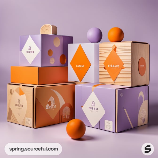 Stacked pastel and orange boxes with geometric designs on a purple background.