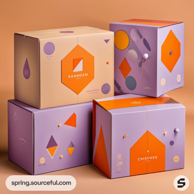 Colorful geometric design on stacked rectangular boxes with orange and purple patterns against a beige background.