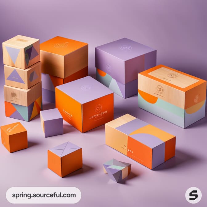 Colorful geometric packaging boxes on a purple background.