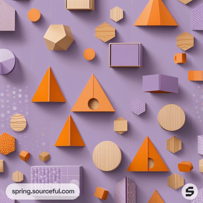Geometric wooden shapes on a purple background with triangles, hexagons, and squares in orange and natural wood tones.