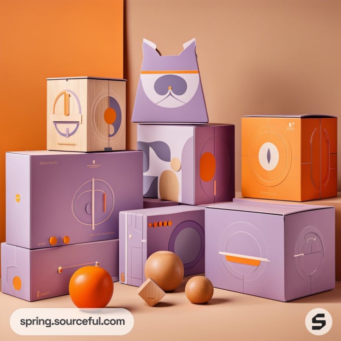 Stacked decorative boxes with geometric designs in orange and purple hues.