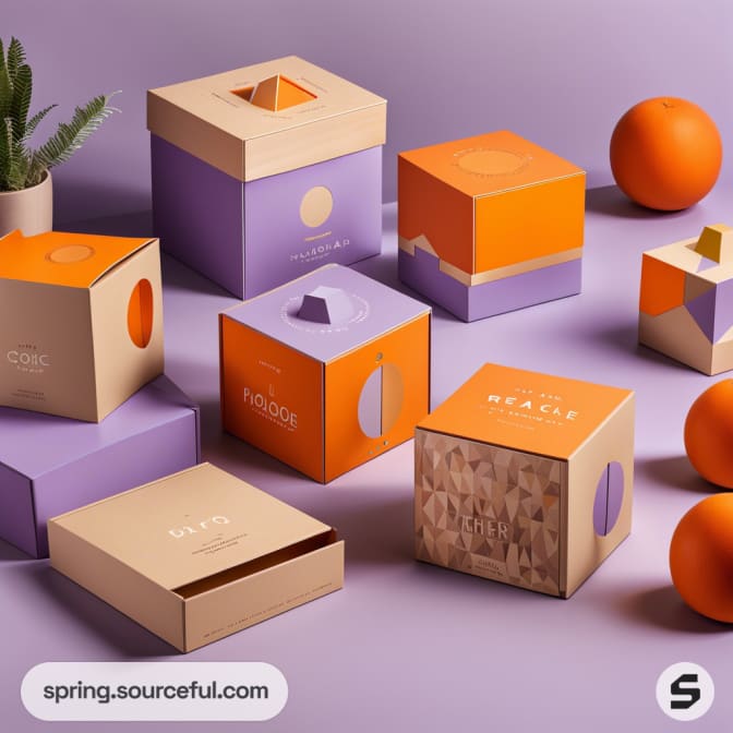 Several pastel and orange cubic boxes with geometric patterns, arranged among whole oranges on a purple surface.
