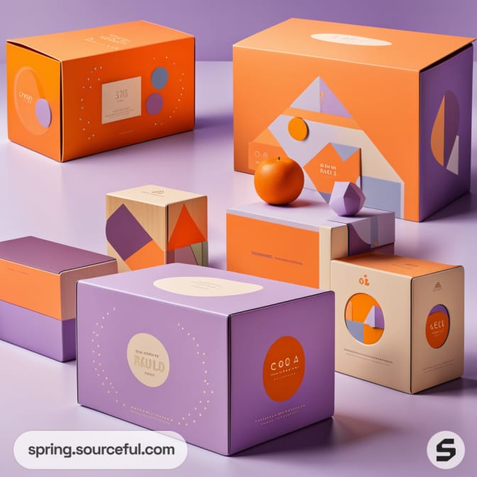 Colorful geometric packaging with orange and purple mailer boxes on a purple background.