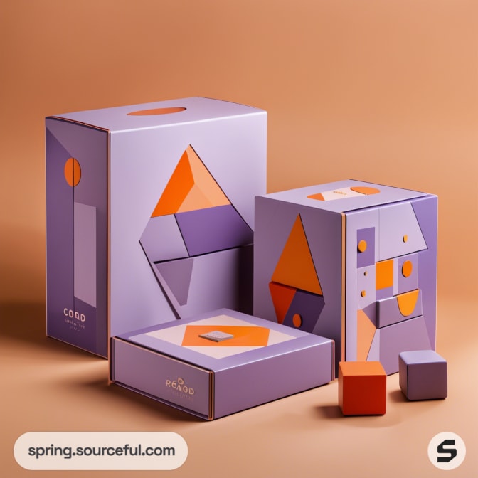 Geometric-patterned cardboard boxes in purple and orange against a warm background.