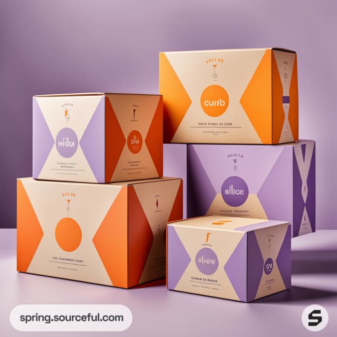 Stacked colorful mailer boxes with geometric patterns on a purple background.