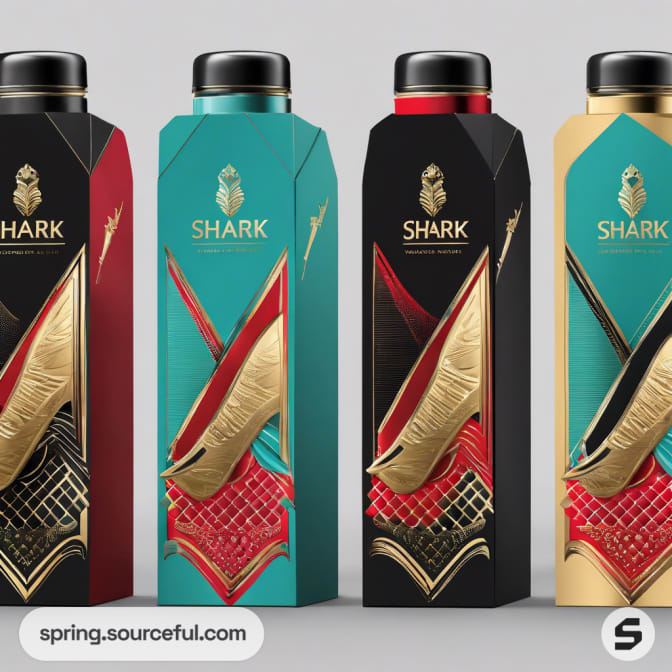 Colorful bottled packaging with shark graphics, black caps, and patterned designs on a gray background.