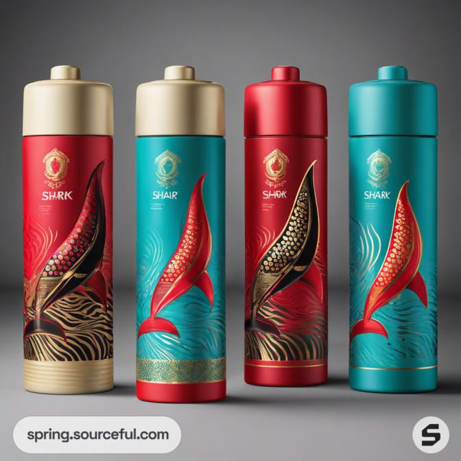 Four tall bottles with gold and shark designs, in red and teal, on gray.
