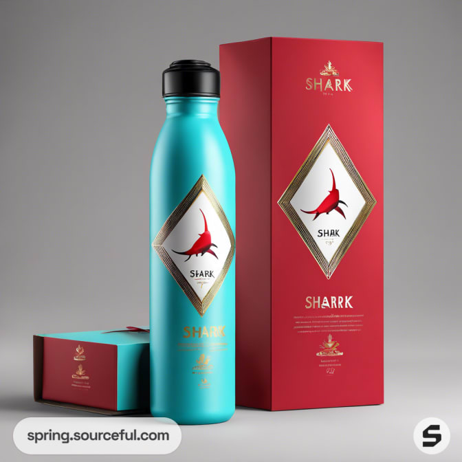 A teal bottle with red details and a matching red box, featuring shark imagery.