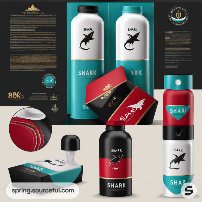 Assorted bottles and packaging with shark designs in black, white, red, and teal.