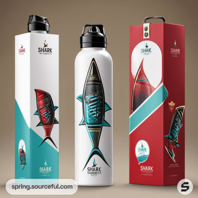 Three bottles with shark graphics and vibrant red, white, and teal packaging.
