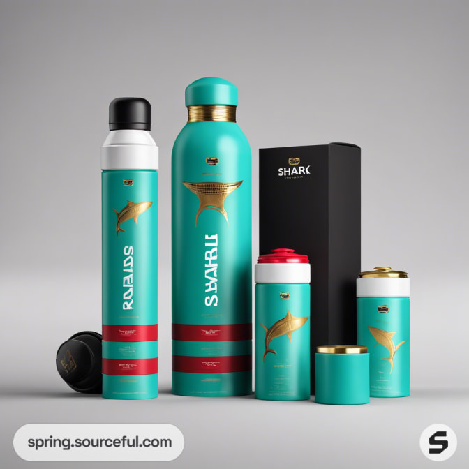 Tall turquoise bottles with gold sharks and red accents next to a black box.