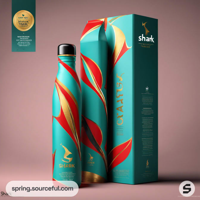 Tall bottle with bold red and teal patterns featuring shark design on brown.