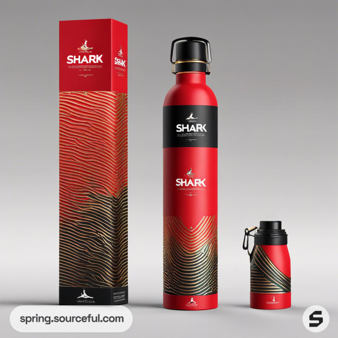 Red and black bottle with wave patterns and matching packaging with shark motif.
