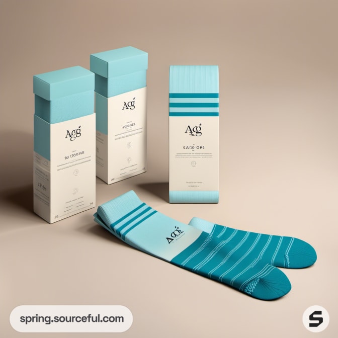 Turquoise and white sock packaging with striped socks displayed.