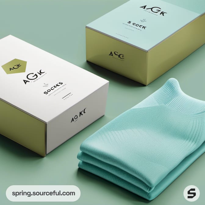 Minimalist teal and white sock boxes with folded socks.