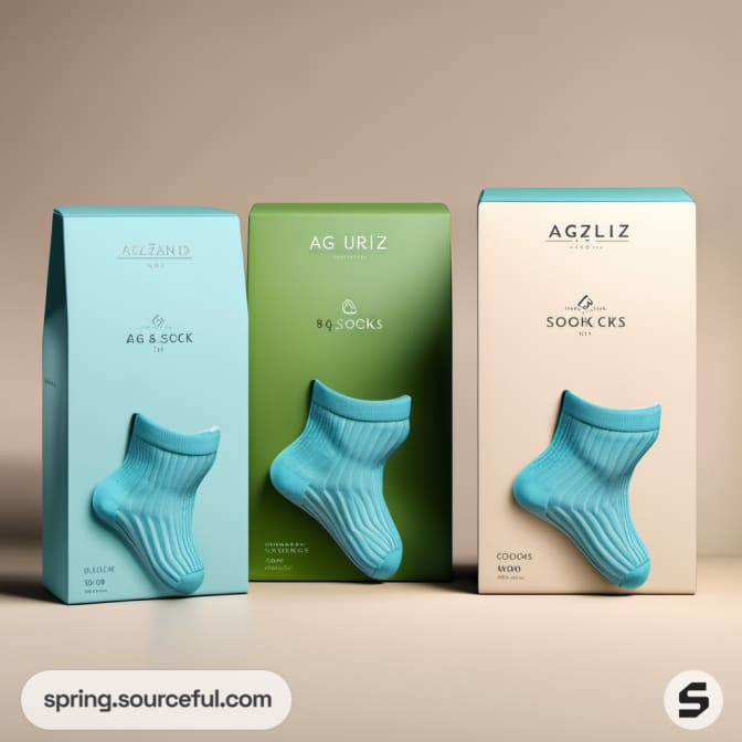 Three colorful sock boxes, displaying a single sock each.