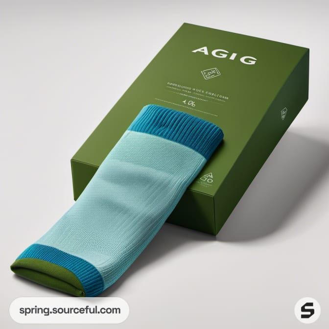 Green sock box with a single folded turquoise sock.