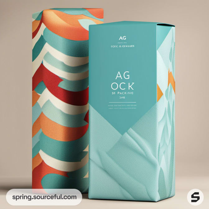 Colorful abstract patterned sock packaging in teal and orange.
