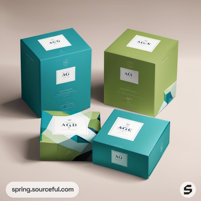 Teal and green cube-shaped sock boxes with geometric designs.