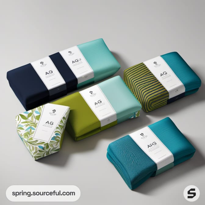 Stacked socks with varied colors and patterns next to white labels.