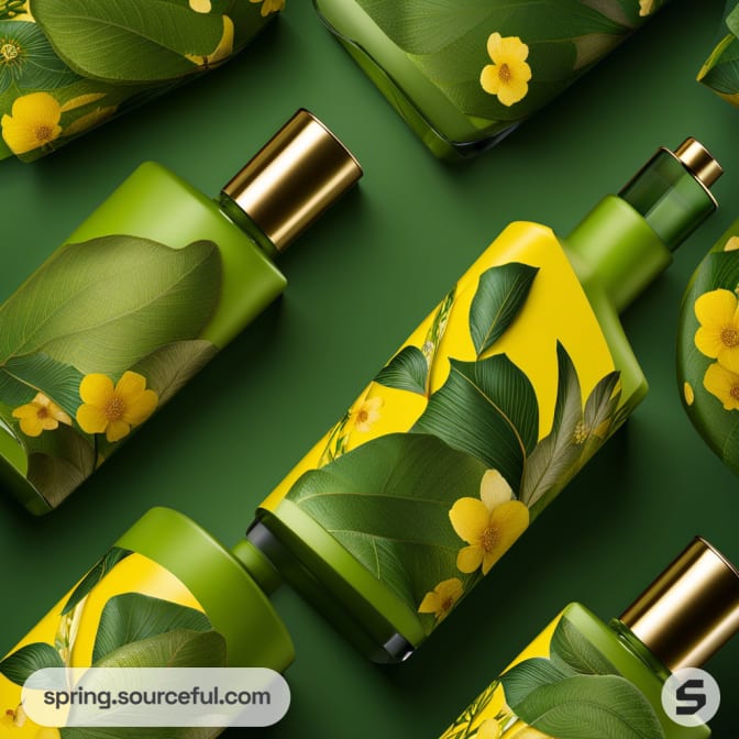 Green bottles with yellow flower design on green background