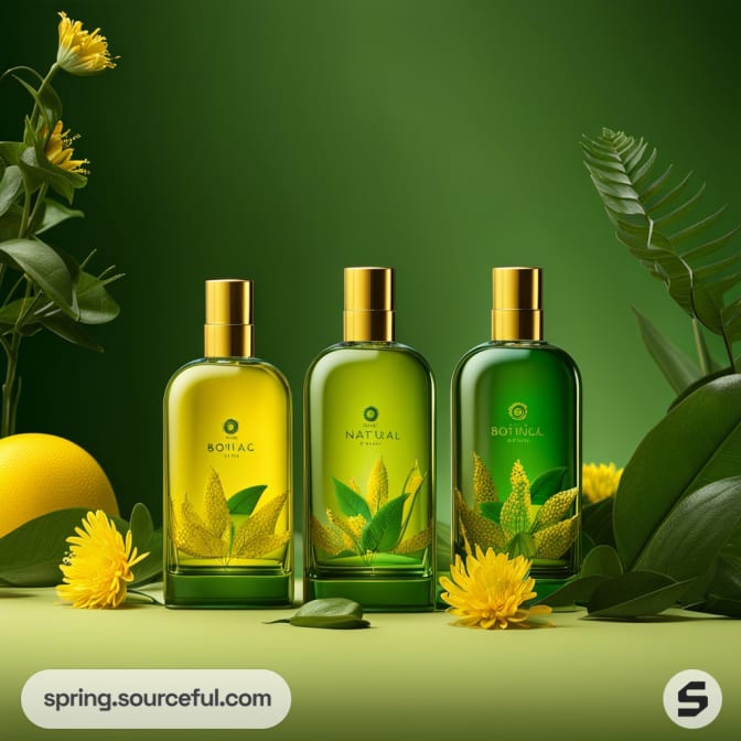 Three green glass bottles with yellow labels and flowers