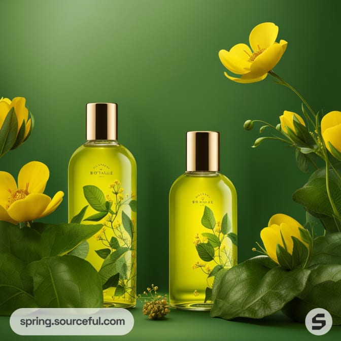 Two yellow glass bottles with golden caps among flowers
