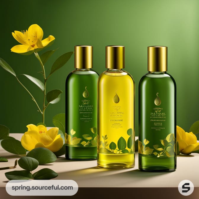 Three glass bottles on green background with yellow flowers