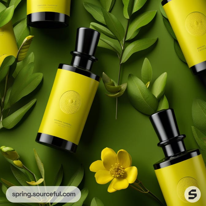 Black-capped yellow bottles with green leaves and flowers