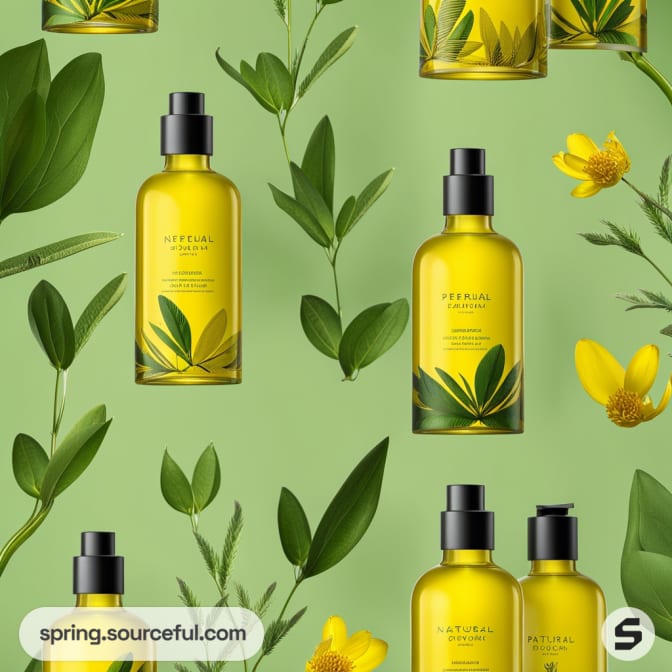 Yellow glass bottles with black caps and green leaves