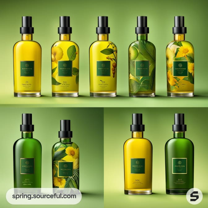 Eight green and yellow bottles with floral design