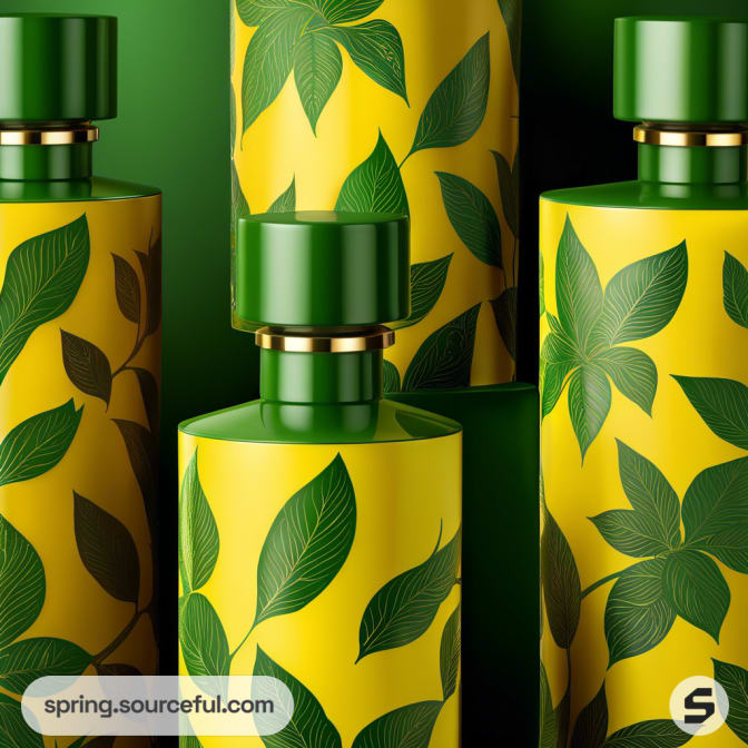 Yellow bottles with green leaves on green background