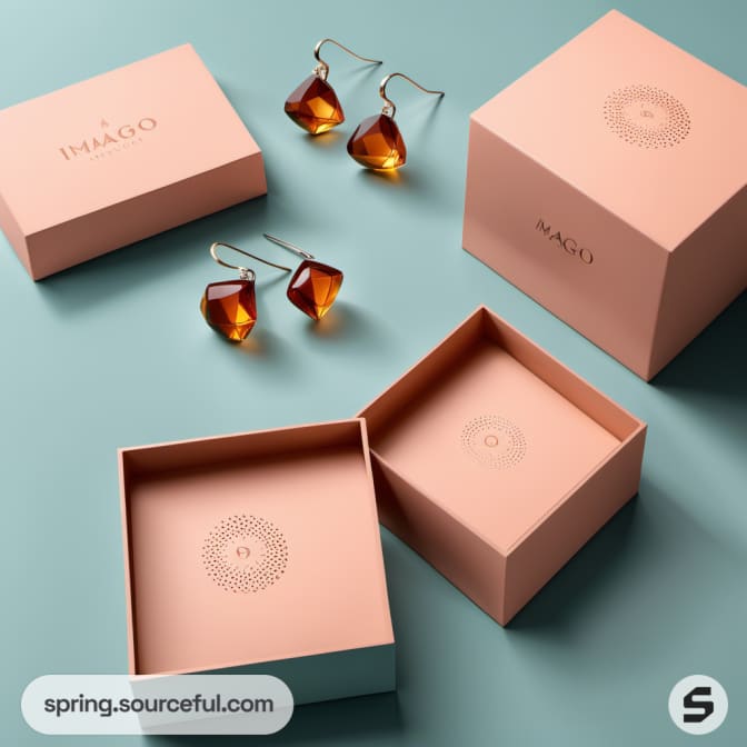 Orange crystal earrings with pink boxes.