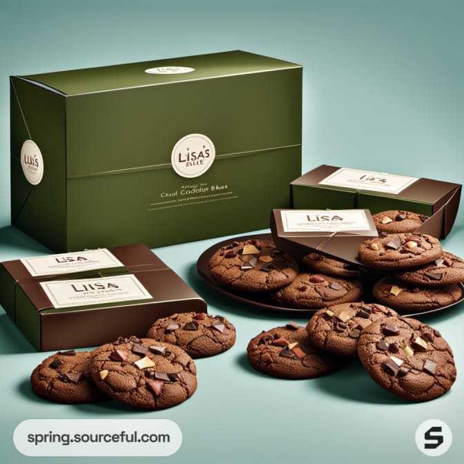 Boxes of cookies in a green gift package with cookies displayed.
