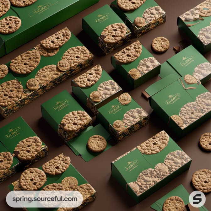 Assorted cookie boxes with green and brown packaging designs.