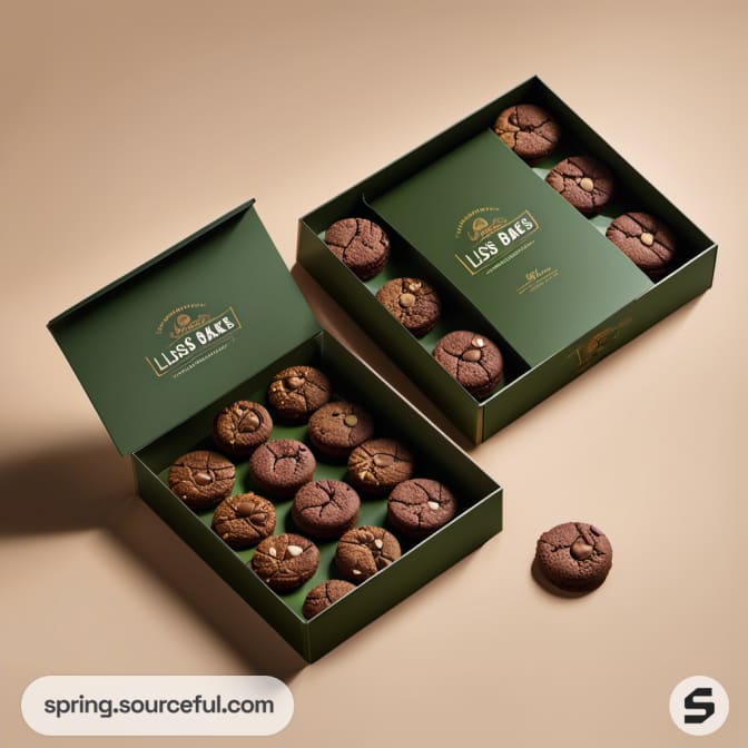 Open boxes of cookies with green and gold packaging.
