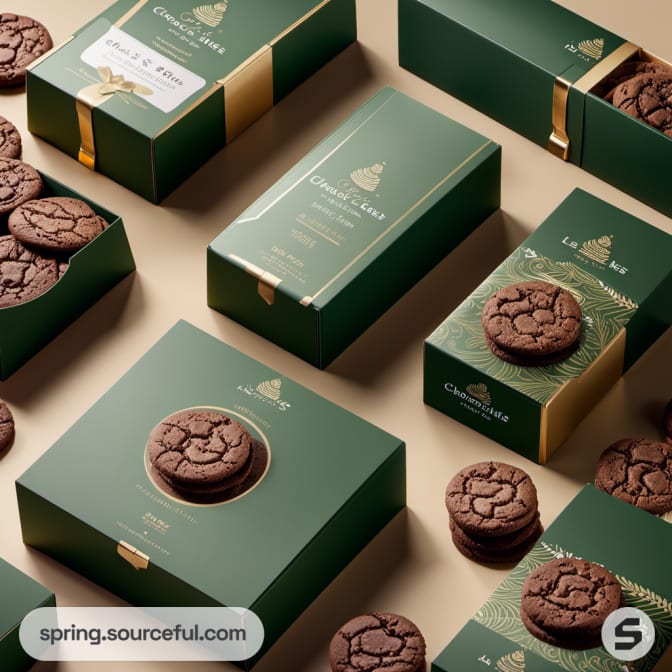 Chocolate cookies in green and gold packaging with plastic windows.