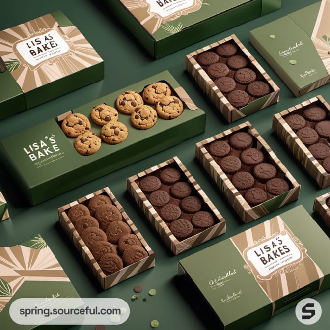 Assorted cookie boxes in green with beige geometric patterns.