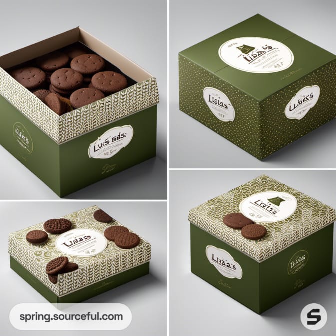 Square green cookie boxes with minimalist labels.