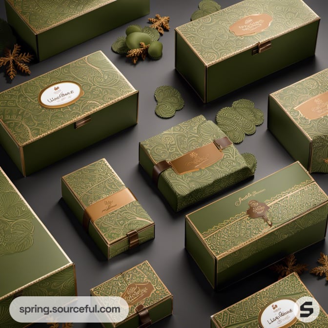 Elegant green boxes with intricate gold patterns and details.
