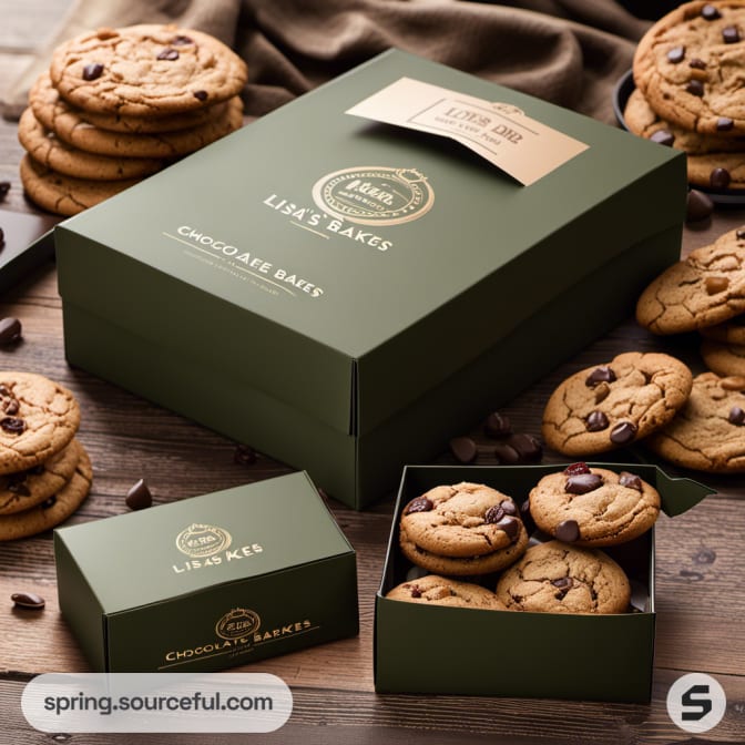Chocolate chip cookies in elegant green boxed packaging.