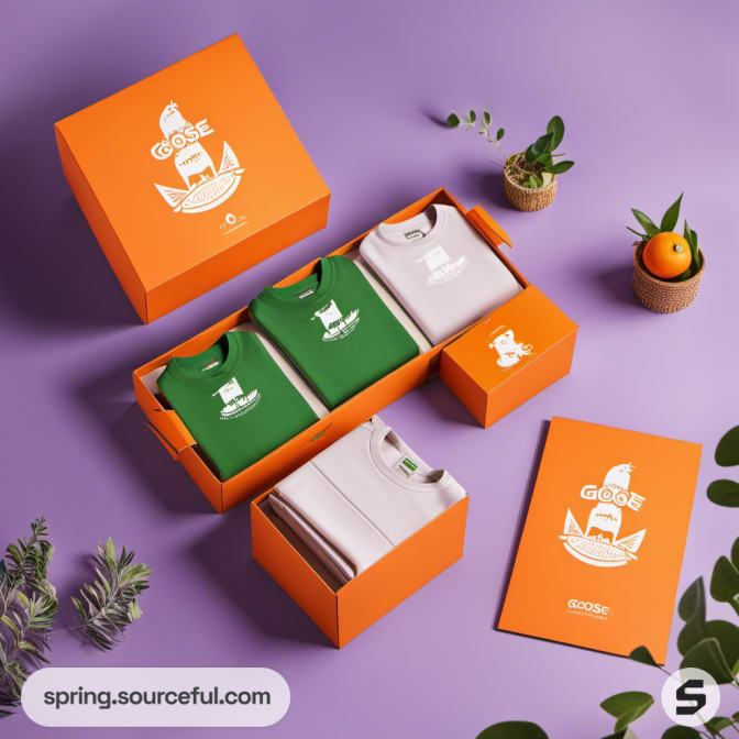 Orange box with green and white shirts on a purple surface.